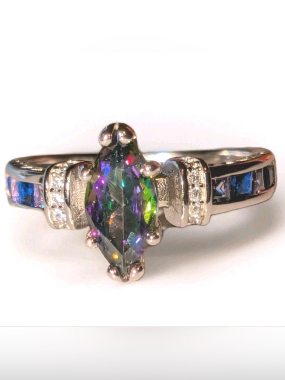 Sterling Silver Mystic Topaz And Sapphire Ring- Iridescent Green Purple
